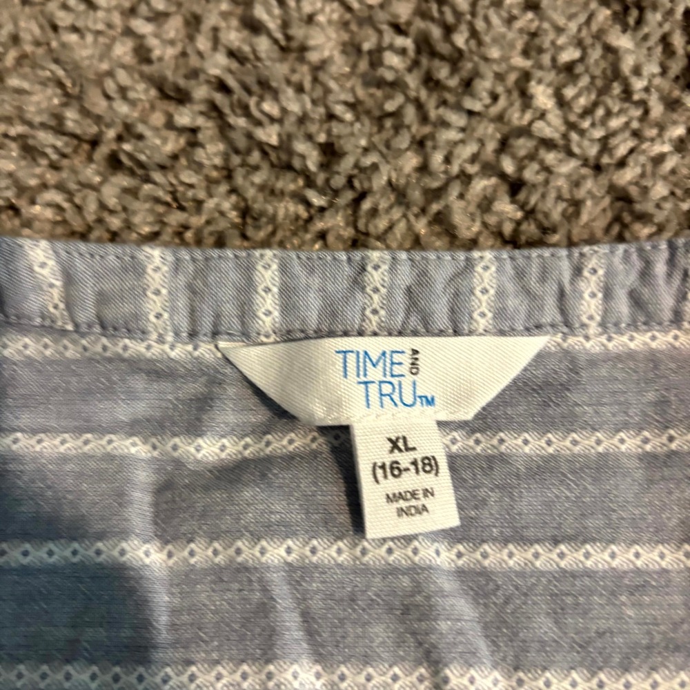 Time and Tru Blue White Striped Cotton Button Down Blouse XL 16-18 TT13100094918